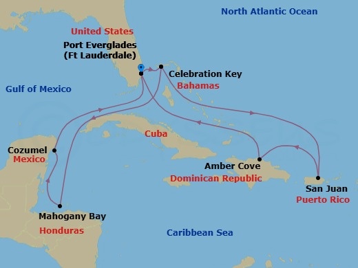 14 Night - Eastern / Western Caribbean Adventurer with Celebration Key - Sun Princess - Starting in Fort Lauderdale, Florida, Celebration Key, Bahamas, Roatan (Isla Tropicale), Honduras, Cozumel, Mexico, Fort Lauderdale, Florida, Celebration Key, Bahamas, San Juan, Puerto Rico, Amber Cove, Dominican Republic, Fort Lauderdale, Florida itinerary map
