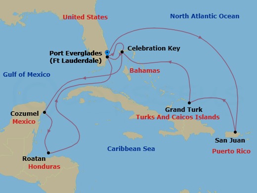 14 Night - Eastern / Western Caribbean Adventurer with Celebration Key - Sun Princess - Starting in Fort Lauderdale, Florida, Celebration Key, Bahamas, Cozumel, Mexico, Roatan (Isla Tropicale), Honduras, Fort Lauderdale, Florida, San Juan, Puerto Rico, Grand Turk, Turks and Caicos, Celebration Key, Bahamas, Fort Lauderdale, Florida itinerary map