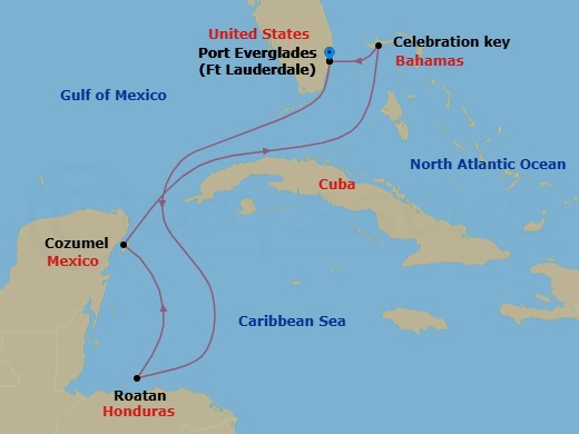 7 Night - Western Caribbean with Mexico & Celebration Key - Sun Princess - Starting in Fort Lauderdale, Florida, Roatan (Isla Tropicale), Honduras, Cozumel, Mexico, Celebration Key, Bahamas, Fort Lauderdale, Florida itinerary map