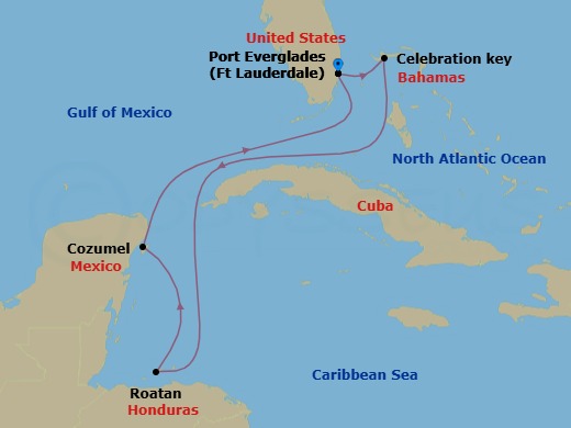 7 Night - Western Caribbean with Mexico & Celebration Key - Sun Princess - Starting in Fort Lauderdale, Florida, Celebration Key, Bahamas, Roatan (Isla Tropicale), Honduras, Cozumel, Mexico, Fort Lauderdale, Florida itinerary map