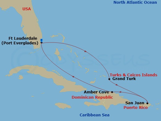 7 Night - Eastern Caribbean with Puerto Rico - Sun Princess - Starting in Fort Lauderdale, Florida, Grand Turk, Turks and Caicos, San Juan, Puerto Rico, Amber Cove, Dominican Republic, Fort Lauderdale, Florida itinerary map