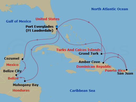 14 Night - Eastern / Western Caribbean Adventurer - Sun Princess - Starting in Fort Lauderdale, Florida, Grand Turk, Turks and Caicos, San Juan, Puerto Rico, Amber Cove, Dominican Republic, Fort Lauderdale, Florida, Cozumel, Mexico, Belize City, Belize, Roatan (Isla Tropicale), Honduras, Fort Lauderdale, Florida itinerary map