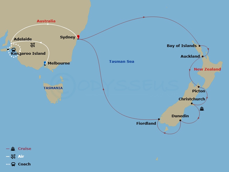 20 Night - Southern Australia - Tour 1C - Royal Princess Tours - Starting in Melbourne, Australia, Adelaide, Australia, Kangaroo Island, Adelaide, Australia, Sydney AU, Bay of Islands, New Zealand, Auckland, New Zealand, Picton, New Zealand, Christchurch (Lyttelton), New Zealand, Dunedin (Port Chalmers), New Zealand, Fiordland National Park (Scenic Cruising), Sydney AU itinerary map