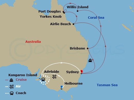 17 Night - Southern Australia - Tour 1A - Royal Princess Tours - Starting in Melbourne, Australia, Adelaide, Australia, Kangaroo Island, Adelaide, Australia, Sydney AU, Airlie Beach, Australia, Yorkeys Knob (Cairns), Australia, Port Douglas, Australia, Willis Island, Australia, Brisbane, Australia, Sydney AU itinerary map
