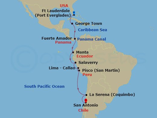 16 Night - Inca & Panama Canal Discovery : Lima Overnight - Oosterdam - Starting in Fort Lauderdale, Florida, Georgetown, Cayman Islands, Enter Panama Canal Cristobal, Cruising Panama Canal, Exit Panama Canal Balboa, Fuerte Amador, Panama, Crossing the Equator, Manta, Ecuador, Salaverry (Trujillo), Peru, Callao (Lima), Peru, General San Martin (Pisco), Peru, Coquimbo (La Serena), Chile, San Antonio CL (Santiago), Chile itinerary map