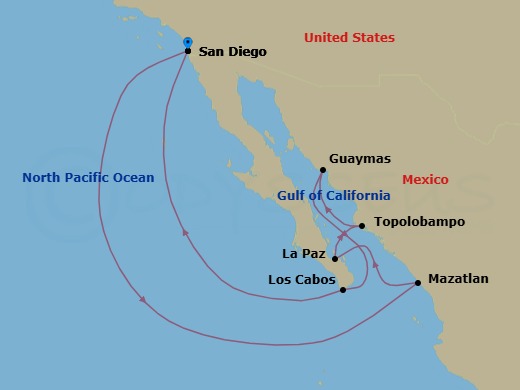 13 Night - San Diego to San Diego - Silver Whisper - Starting in San Diego, California, Mazatlan, Sinaloa, La Paz, Topolobampo, Sinaloa, Guaymas, Cabo San Lucas (Baja California), San Diego, California itinerary map