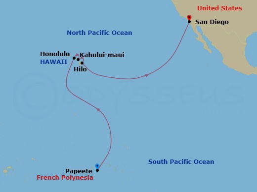 17 Night - Papeete to San Diego - Silver Whisper - Starting in Papeete (Tahiti), Honolulu, Oahu, Hawaii, Kahului, Hawaii, Hilo, Hawaii, San Diego, California itinerary map
