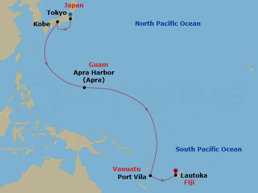 17 Night - Tokyo to Lautoka - Silver Whisper - Starting in Tokyo, Kobe, Apra, Port Vila, Lautoka itinerary map