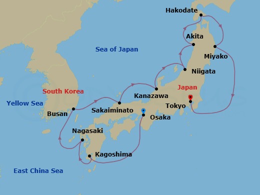 12 Night - Osaka to Tokyo - Silver Whisper - Starting in Osaka, Kagoshima (Kyushu Island), Nagasaki, Busan, Sakaiminato, Kanazawa, Niigata, Akita, Hakodate (Hokkaido), Miyako, Iwate, Tokyo itinerary map