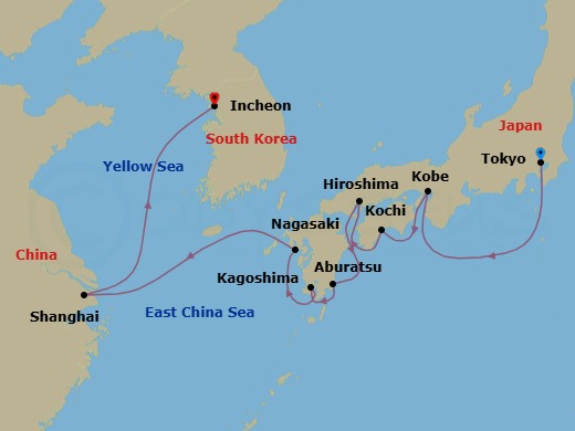 14 Night - Tokyo to Incheon - Silver Whisper - Starting in Tokyo, Kobe, Kochi, Hiroshima, Aburatsu, Kagoshima (Kyushu Island), Nagasaki, Shanghai, Incheon (Seoul) itinerary map