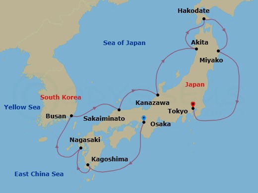 11 Night - Osaka to Tokyo - Silver Whisper - Starting in Osaka, Kagoshima (Kyushu Island), Nagasaki, Busan, Sakaiminato, Kanazawa, Akita, Hakodate (Hokkaido), Miyako, Iwate, Tokyo itinerary map