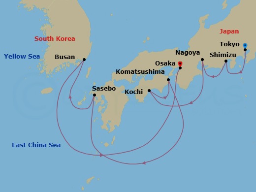 11 Night - Tokyo to Osaka - Silver Whisper - Starting in Tokyo, Shimizu, Nagoya, Kochi, Komatsushima, Sasebo, Busan, Osaka itinerary map