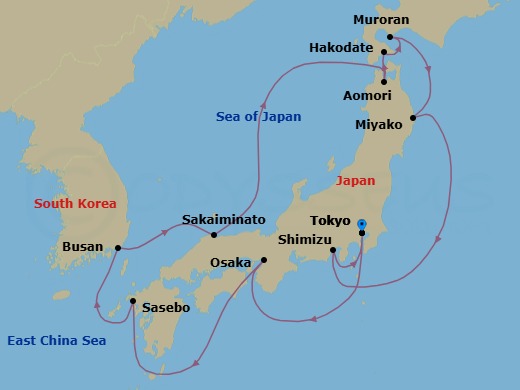 14 Night - Tokyo to Tokyo - Silver Whisper - Starting in Tokyo, Osaka, Sasebo, Busan, Sakaiminato, Aomori, Hakodate (Hokkaido), Muroran, Miyako, Iwate, Shimizu, Tokyo itinerary map