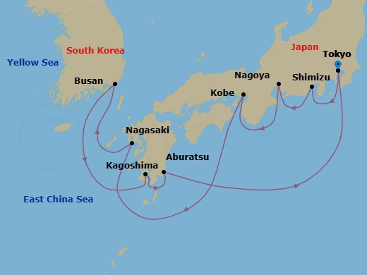 12 Night - Tokyo to Tokyo - Silver Whisper - Starting in Tokyo, Shimizu, Nagoya, Kobe, Nagasaki, Busan, Kagoshima (Kyushu Island), Aburatsu, Tokyo itinerary map