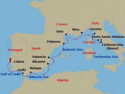 12 Night - Civitavecchia to Lisbon - Silver Shadow - Starting in Civitavecchia (Rome), Porto Santo Stefano, Livorno (Tuscany), Nice, Sete, Palamos, Valencia, Alicante, Malaga (Costa del Sol), Cadiz, Lisbon itinerary map