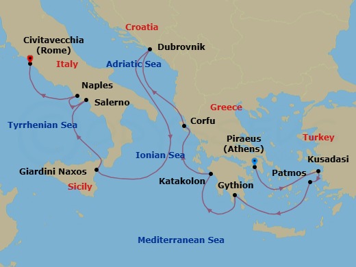 12 Night - Athens to Civitavecchia - Silver Shadow - Starting in Athens (Piraeus), Kusadasi, Patmos, Gythion, Katakolon (Olympia), Corfu, Dubrovnik, Croatia, Giardini Naxos (Sicily), Salerno, Naples, Civitavecchia (Rome) itinerary map