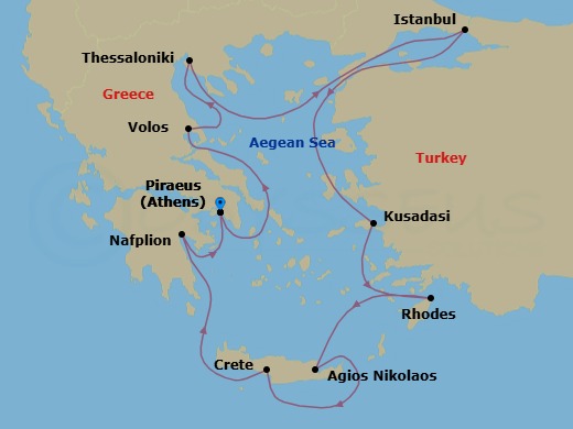 12 Night - Athens to Athens - Silver Shadow - Starting in Athens (Piraeus), Volos, Thessaloniki, Istanbul, Kusadasi, Rhodes, Aghios Nikolaos, Crete, Souda Bay (Crete), Nafplion, Athens (Piraeus) itinerary map