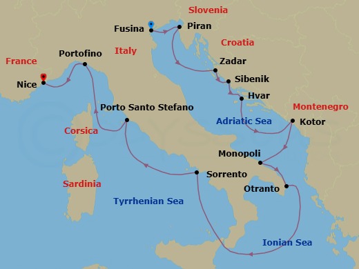 12 Night - Fusina to Nice - Silver Shadow - Starting in Fusina (Venice), Piran, Zadar, Sibenik, Hvar, Kotor, Monopoli, Otranto, Sorrento, Porto Santo Stefano, Portofino, Nice itinerary map