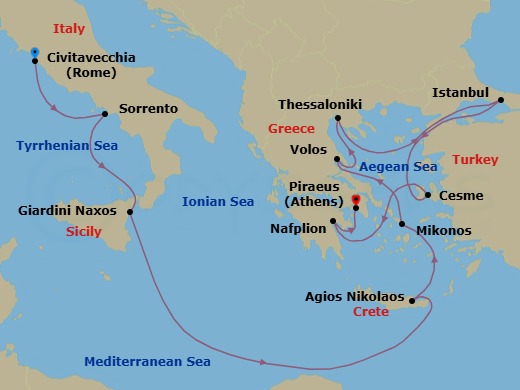 14 Night - Civitavecchia to Athens - Silver Shadow - Starting in Civitavecchia (Rome), Sorrento, Giardini Naxos (Sicily), Aghios Nikolaos, Crete, Mykonos, Volos, Thessaloniki, Istanbul, Cesme, Nafplion, Athens (Piraeus) itinerary map