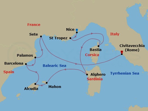 10 Night - Nice to Civitavecchia - Silver Shadow - Starting in Nice, Saint Tropez, Bastia, Corsica, Alghero, Sardinia, Porto Mahon, Alcudia, Mallorca, Barcelona, Palamos, Sete, Civitavecchia (Rome) itinerary map