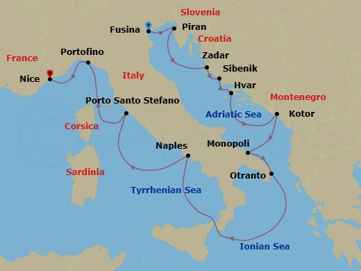 12 Night - Fusina to Nice - Silver Shadow - Starting in Fusina (Venice), Piran, Zadar, Sibenik, Hvar, Kotor, Monopoli, Otranto, Naples, Porto Santo Stefano, Portofino, Nice itinerary map