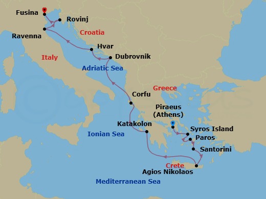 12 Night - Athens to Fusina - Silver Shadow - Starting in Athens (Piraeus), Syros, Paros, Santorini, Aghios Nikolaos, Crete, Katakolon (Olympia), Corfu, Dubrovnik, Croatia, Hvar, Ravenna, Rovinj, Fusina (Venice) itinerary map