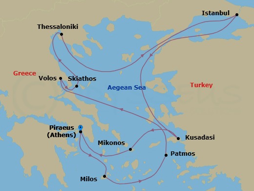 12 Night - Athens to Athens - Silver Shadow - Starting in Athens (Piraeus), Milos, Patmos, Volos, Skiathos, Thessaloniki, Istanbul, Kusadasi, Mykonos, Athens (Piraeus) itinerary map