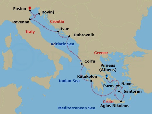 12 Night - Athens to Fusina - Silver Shadow - Starting in Athens (Piraeus), Naxos, Santorini, Aghios Nikolaos, Crete, Paros, Katakolon (Olympia), Corfu, Dubrovnik, Croatia, Hvar, Ravenna, Rovinj, Fusina (Venice) itinerary map