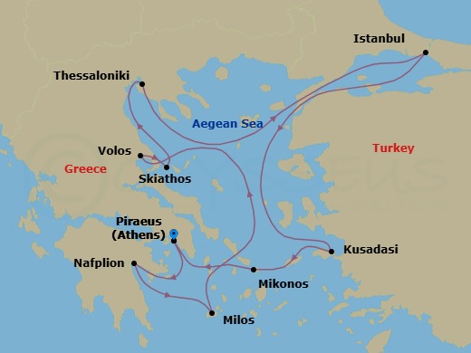 12 Night - Athens to Athens - Silver Shadow - Starting in Athens (Piraeus), Nafplion, Milos, Volos, Skiathos, Thessaloniki, Istanbul, Kusadasi, Mykonos, Athens (Piraeus) itinerary map