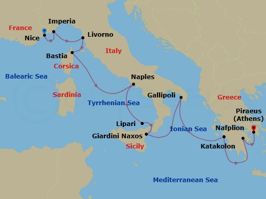 12 Night - Nice to Athens - Silver Shadow - Starting in Nice, Imperia, Livorno (Tuscany), Bastia, Corsica, Naples, Lipari Island, Giardini Naxos (Sicily), Gallipoli, Katakolon (Olympia), Nafplion, Athens (Piraeus) itinerary map