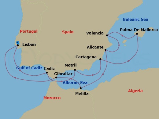 12 Night - Lisbon to Lisbon - Silver Nova - Starting in Lisbon, Cadiz, Motril, Cartagena ES, Spain, Palma De Mallorca, Valencia, Alicante, Melilla, Gibraltar, Lisbon itinerary map