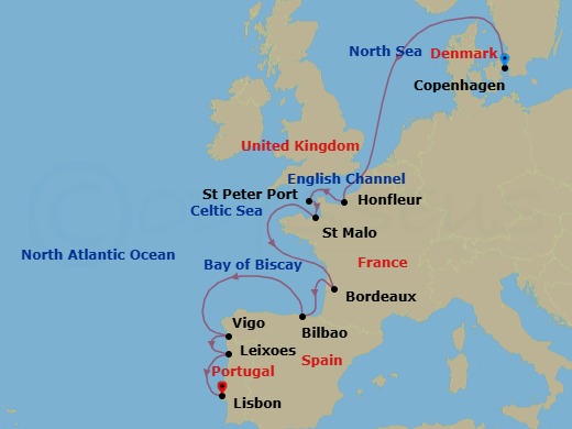 15 Night - Copenhagen to Lisbon - Silver Nova - Starting in Copenhagen, Honfleur, St Peter Port, Saint Malo (Brittany), Bordeaux, Bilbao, Vigo (Galicia), Oporto (Leixoes), Lisbon itinerary map
