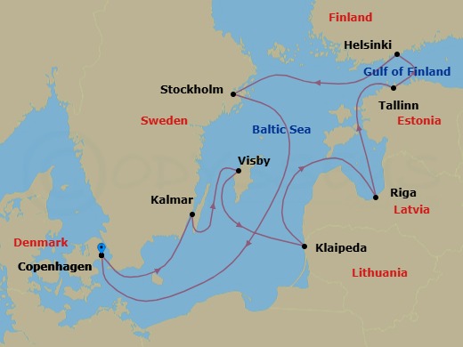 10 Night - Copenhagen to Copenhagen - Silver Nova - Starting in Copenhagen, Kalmar, Visby (Gotland), Klaipeda, Riga, Tallinn, Helsinki, Stockholm, Copenhagen itinerary map