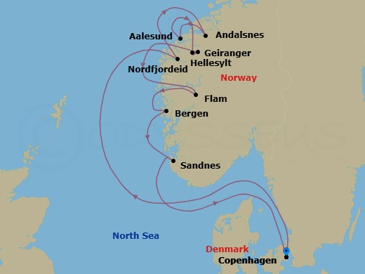 10 Night - Copenhagen to Copenhagen - Silver Nova - Starting in Copenhagen, Nordfjordeid, Andalsnes, Alesund, Hellesylt, Norway, Geiranger, Norway, Flam, Norway, Bergen, Sandnes (Stavanger), Copenhagen itinerary map