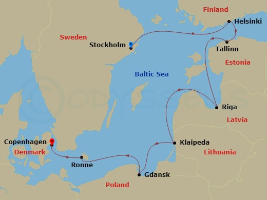 7 Night - Stockholm to Copenhagen - Silver Nova - Starting in Stockholm, Helsinki, Tallinn, Riga, Klaipeda, Gdansk, Ronne, Bornholm, Copenhagen itinerary map