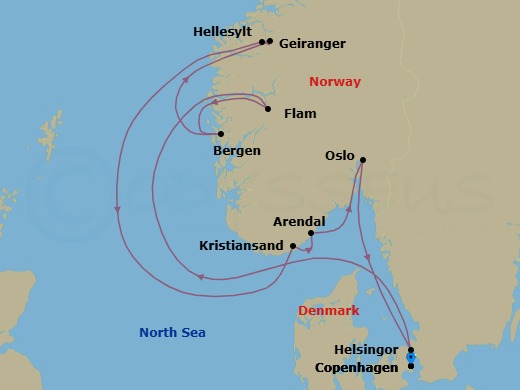 10 Night - Copenhagen to Copenhagen - Silver Nova - Starting in Copenhagen, Flam, Norway, Bergen, Geiranger, Norway, Hellesylt, Norway, Kristiansand, Arendal, Oslo, Helsingor, Copenhagen itinerary map