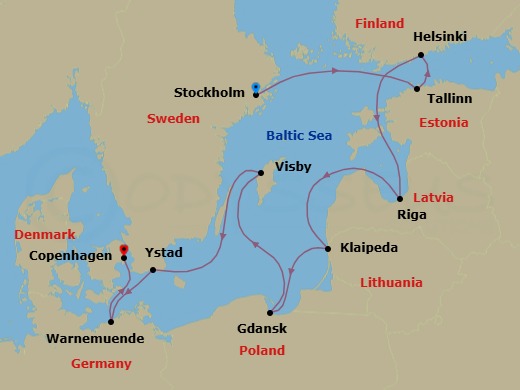 12 Night - Stockholm to Copenhagen - Silver Nova - Starting in Stockholm, Tallinn, Helsinki, Riga, Klaipeda, Gdansk, Visby (Gotland), Ystad, Warnemunde (Rostock), Copenhagen itinerary map