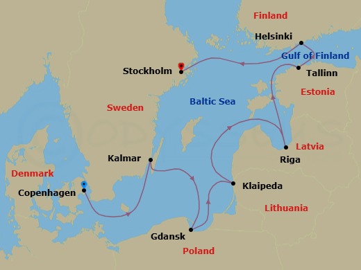 7 Night - Copenhagen to Stockholm - Silver Nova - Starting in Copenhagen, Kalmar, Gdansk, Klaipeda, Riga, Tallinn, Helsinki, Stockholm itinerary map