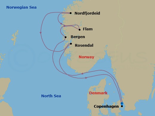 7 Night - Copenhagen to Copenhagen - Silver Nova - Starting in Copenhagen, Bergen, Flam, Norway, Nordfjordeid, Rosendal, Copenhagen itinerary map