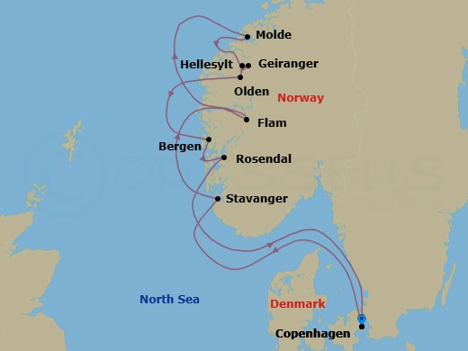 10 Night - Copenhagen to Copenhagen - Silver Nova - Starting in Copenhagen, Stavanger, Flam, Norway, Molde (Romsdal), Hellesylt, Norway, Geiranger, Norway, Olden, Bergen, Rosendal, Copenhagen itinerary map