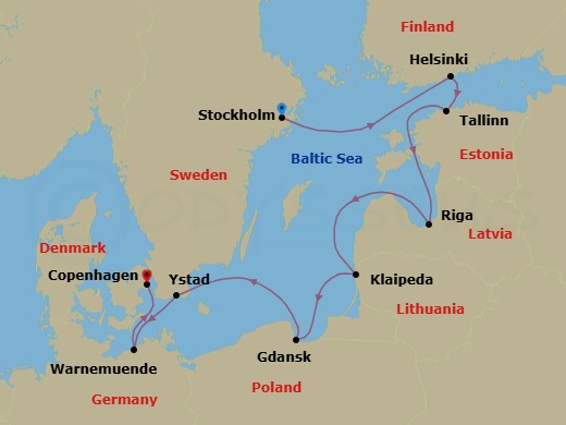 8 Night - Stockholm to Copenhagen - Silver Nova - Starting in Stockholm, Helsinki, Tallinn, Riga, Klaipeda, Gdansk, Ystad, Warnemunde (Rostock), Copenhagen itinerary map