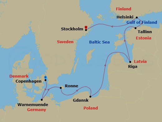 8 Night - Copenhagen to Stockholm - Silver Nova - Starting in Copenhagen, Warnemunde (Rostock), Ronne, Bornholm, Gdansk, Riga, Tallinn, Helsinki, Stockholm itinerary map