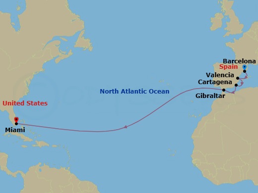 14 Night - Barcelona to Miami - Silver Ray - Starting in Barcelona, Valencia, Cartagena ES, Spain, Gibraltar, Miami, Fl itinerary map