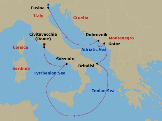 7 Night - Fusina to Civitavecchia - Silver Ray - Starting in Fusina (Venice), Dubrovnik, Croatia, Kotor, Brindisi, Sorrento, Civitavecchia (Rome) itinerary map