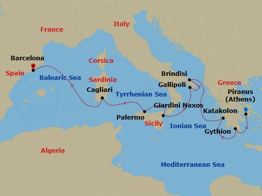 10 Night - Athens to Barcelona - Silver Ray - Starting in Athens (Piraeus), Gythion, Katakolon (Olympia), Brindisi, Gallipoli, Giardini Naxos (Sicily), Palermo, Sicily, Cagliari (Sardinia), Barcelona itinerary map