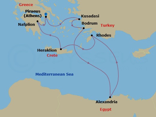 9 Night - Athens to Athens - Silver Ray - Starting in Athens (Piraeus), Kusadasi, Bodrum, Alexandria EG, Rhodes, Heraklion, Nafplion, Athens (Piraeus) itinerary map