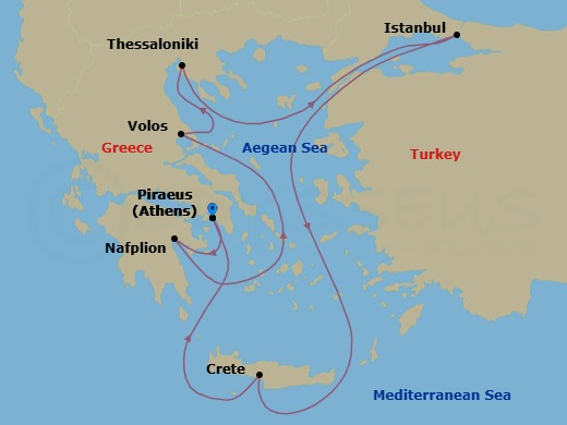 9 Night - Athens to Athens - Silver Ray - Starting in Athens (Piraeus), Nafplion, Volos, Thessaloniki, Istanbul, Souda Bay (Crete), Athens (Piraeus) itinerary map