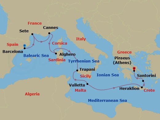 10 Night - Barcelona to Athens - Silver Ray - Starting in Barcelona, Sete, Cannes, Alghero, Sardinia, Trapani, Sicily, Valletta, Heraklion, Santorini, Athens (Piraeus) itinerary map