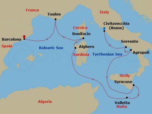 9 Night - Civitavecchia to Barcelona - Silver Ray - Starting in Civitavecchia (Rome), Sorrento, Agropoli, Siracusa (Sicily), Valletta, Alghero, Sardinia, Bonifacio (Corsica), Toulon, Barcelona itinerary map
