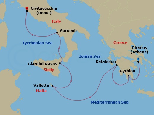 7 Night - Athens to Civitavecchia - Silver Ray - Starting in Athens (Piraeus), Gythion, Katakolon (Olympia), Valletta, Giardini Naxos (Sicily), Agropoli, Civitavecchia (Rome) itinerary map